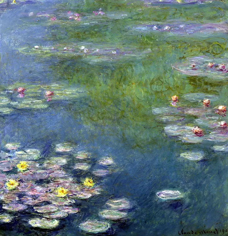 Close up of detail of Water Lilies painting by Claude Monet